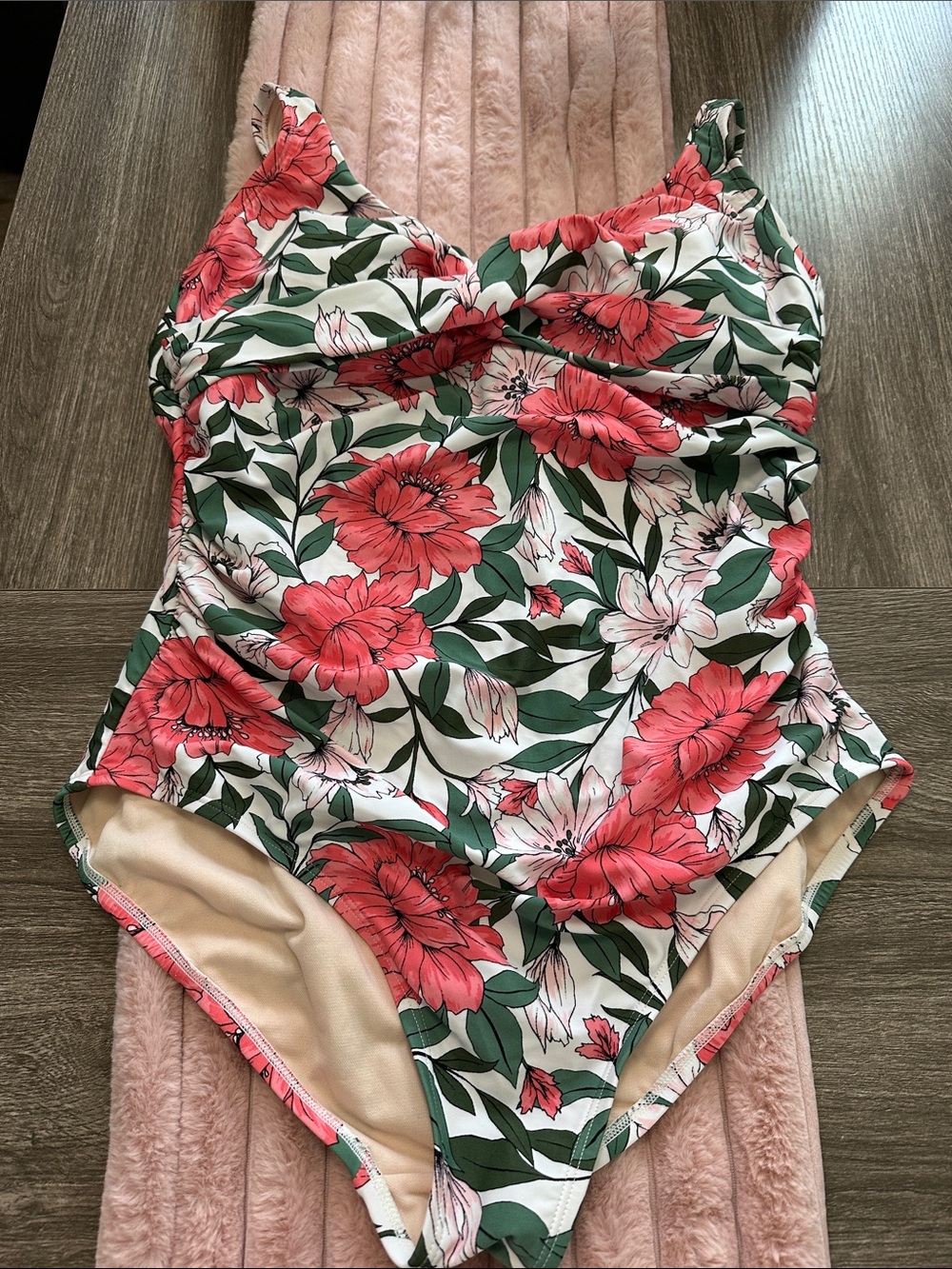 Kona Sol Coral & Green Floral Twist-Front One-Piece Swimsuit